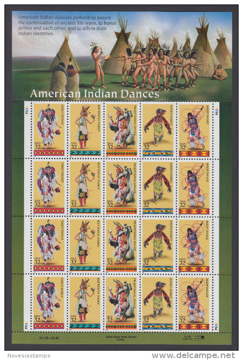 !a! USA Sc# 3072-3076 MNH SHEET(20) - American Indian Dances - Feuilles Complètes