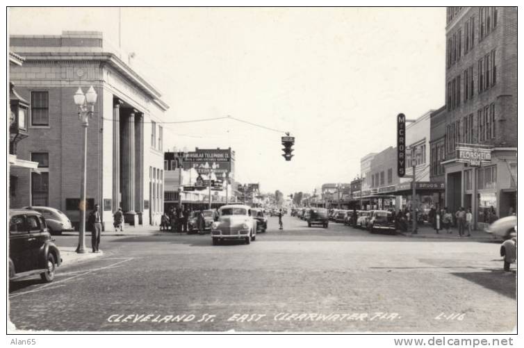 Cleveland St., Clearwater Florida On Real Photo Vintage Postcard, Animated Street Scene - Clearwater