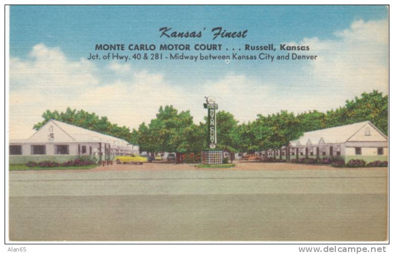 Russel Kansas Mone Carlo Motor Court Motel On Vintage Linen Postcard - Autres & Non Classés