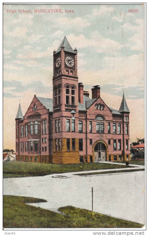 Muscatine Iowa High School On Vintage Postcard, Muscatine IA Flag Cancel Postmark 1911 - Otros & Sin Clasificación