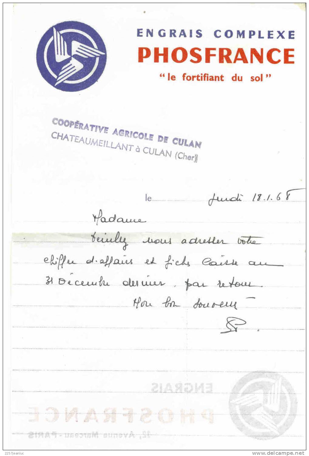 Lettre Cooperative Agricole De Culan Chateaumeillant  Du 18/01/1968 + Pub Engrais Phosfrance - 1961-....