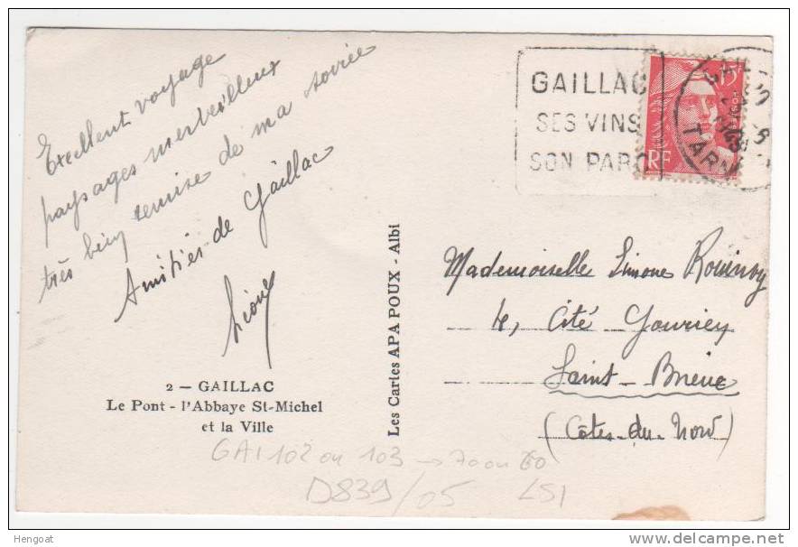 Flamme Daguin De Gaillac , Tarn / Carte Du 23 6 49 ,15 F Gandon Rouge - Covers & Documents