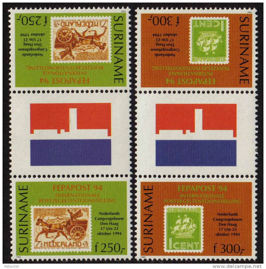 Surinam / Suriname 1994 FEPAPOST Postkoets Mail-coach Timbre Sur Timbre Gutterpair 2 MNH - Timbres Sur Timbres