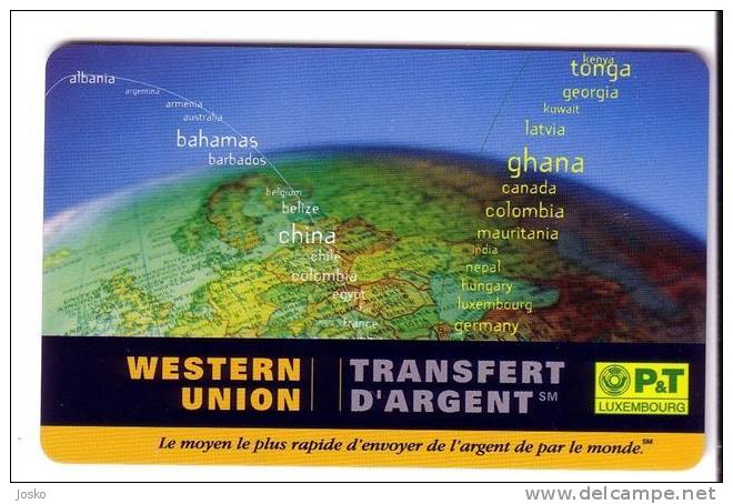 WESTERN UNION  ( Luxembourg TP 26 - 09.01 )  Luxemburg 50. Units ( Money Transfer , Globe Sphere Map Carte Maps Cartes ) - Luxemburgo