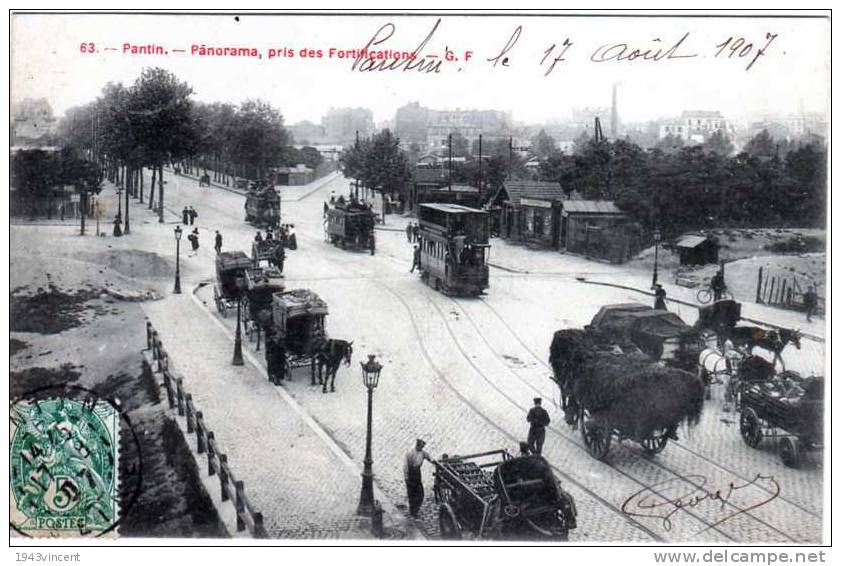 C 3452 - PANTIN - 63-  PANORAMA PRIS DES FORTIFICATIONS - Trés Animé Charette, Tram - Tres Belle CPA Rare 1907 - - Pantin