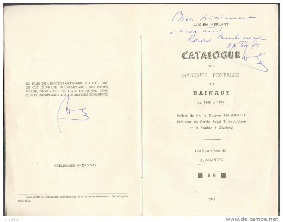 L. HERLANT, Catalogue Des Marques Postales Du Hainaut De 1648 à 1849,  Bruges, 1949, 66 + 2 Pp.  .  Exemplaire Hors Comm - Other & Unclassified