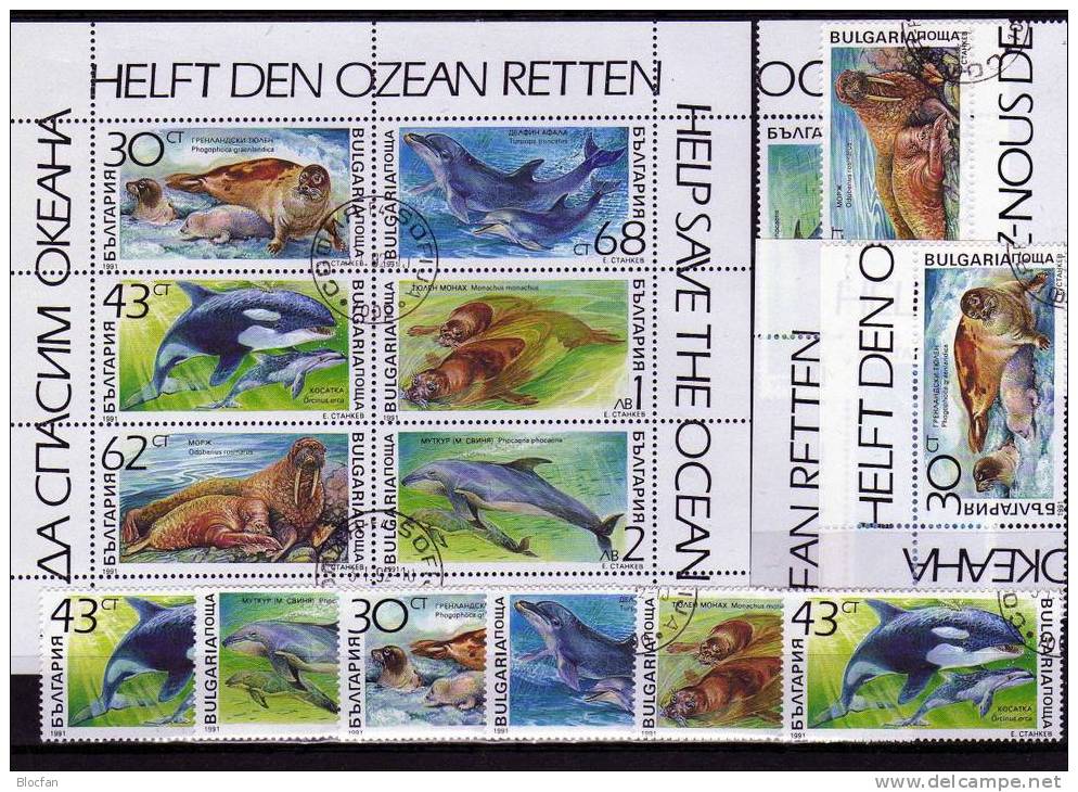 Meeressäugetiere Bulgarien 3959/4+6-KB O 4€ WWF Nationaler Naturschutz 1991 M/s Bloc Se-tenants Sheetlet WWF Bf BULGARIA - Dolphins