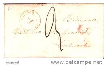 BELGIQUE:1847:Précurseur De MALINES Pour TIRLEMONT.Oblit.MALINES Double Cercle Rouge.Verso Idem TIRLEMONT. - 1830-1849 (Belgica Independiente)