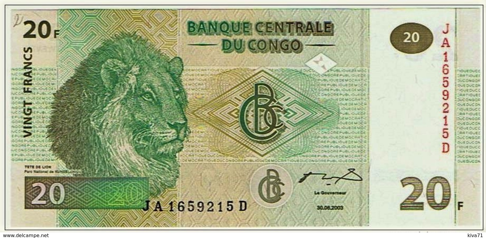 20 F  "CONGO" LION 30  Juin 2003   UNC    Ro 24 - Non Classés