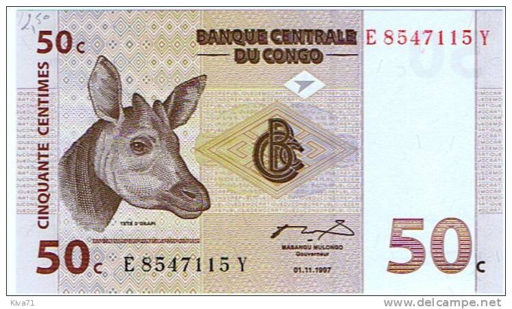 50 Centimes  "CONGO"  OKAPI  1er  Novembre 1997   UNC    Ro 24 - Zonder Classificatie