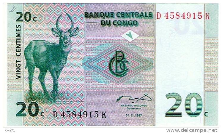 20 Centimes  "CONGO"  ANTILOPE 1er  Novembre 1997   UNC    Ro 24 - Ohne Zuordnung