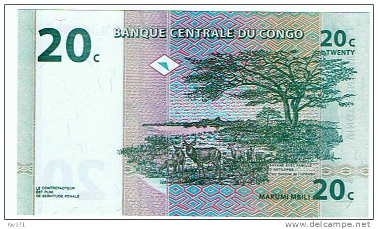 20 Centimes  "CONGO"  ANTILOPE 1er  Novembre 1997   UNC    Ro 24 - Unclassified