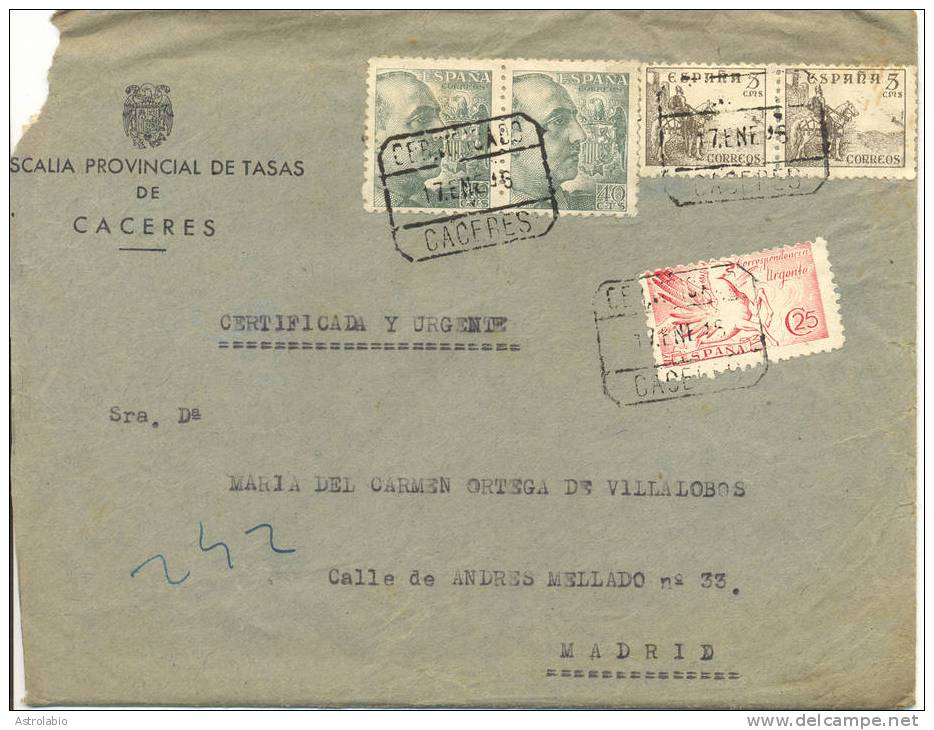 1946 " Certificado De Cáceres A Madrid " Con Sello Urgente " Pegaso ", Llegada. Conserva Texto. Ver 2 Scan - Expres