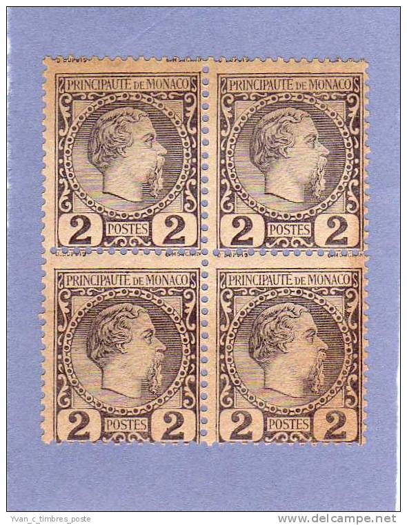 MONACO TIMBRE N° 2 NEUF PRINCE CHARLES III 2C VIOLET GRIS EN BLOC DE 4 - Unused Stamps