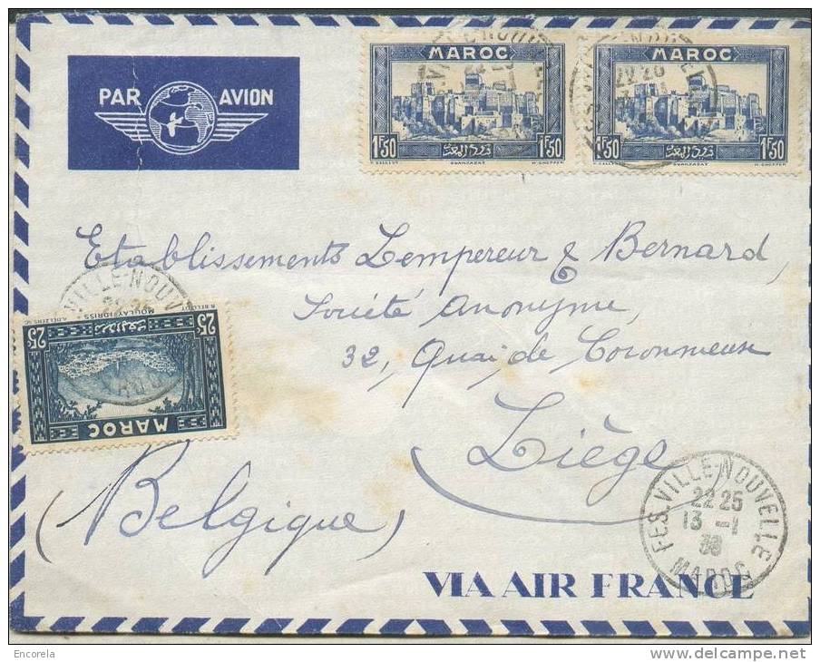 25 Cent + 1Fr.50(x2) Obl. Sc FES VILLE-NOUVELLE/MAROC S/L. Du 13-1-1938 Vers Liège.  Double Port, Par Avion - 3800 - Morocco (1956-...)