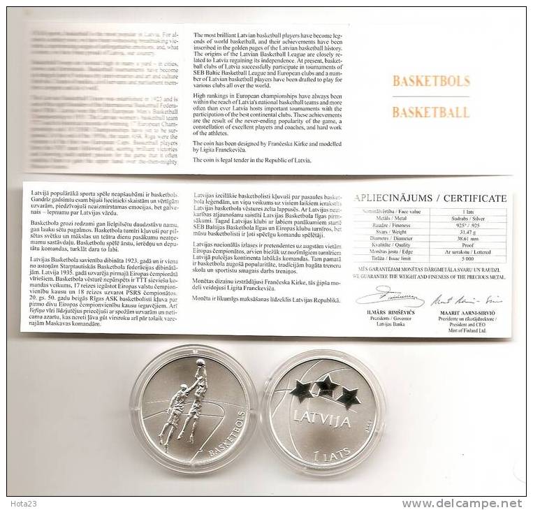 Latvia 2008 1 Lats Silver Coin Baskeball UNC Proof - Letland
