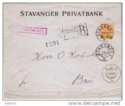 Nor020a/- NORWEGEN -   Facit 87a (Mi.Nr. 62) Used In The Year Of Issue 1905 Stawanger Two Circle Postmark, Registered - Briefe U. Dokumente