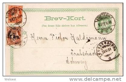Nor033/- NORWEGEN -  GA,  5 Öre + Marken 8 Öre + 2 Auf 12 Öre, 1891, Schweiz (Trubschachen) - Postwaardestukken