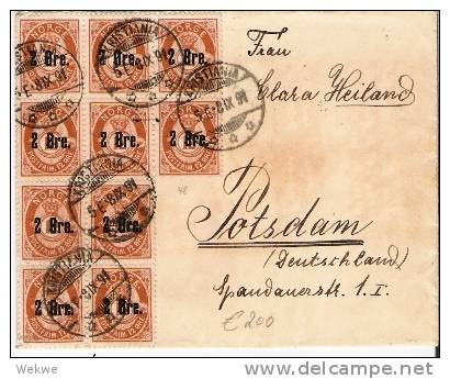 Nor036/- NORWEGEN -  2 Auf 12 Öre Und 4-er Block 1891 Nach Potsdam, Deutschland - Covers & Documents