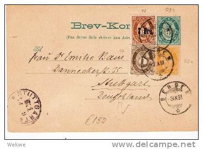 Nor038/- NORWEGEN -  P 34 + Marken 1, 3, 2 Auf 12 Öre 1891, Stuttgart Ex Bergen, 4 Farbenfrankatur - Storia Postale