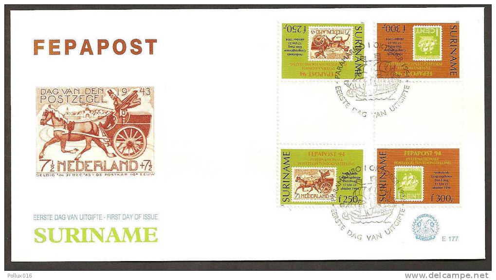 Surinam / Suriname 1994 FDC 177 Tbbp FEPAPOST Postkoets Mail-coach Timbre Sur Timbre Gutterpair - Timbres Sur Timbres