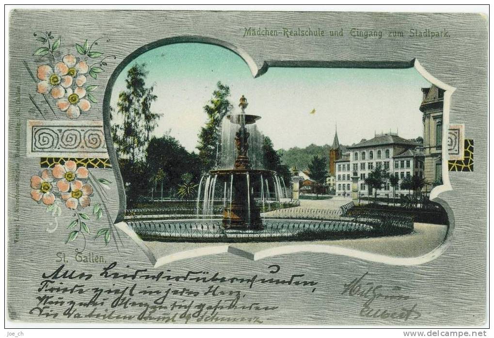 Schweiz/Suisse: AK St.Gallen Mädchenrealschule Und Eingang Zum Stadtpark, Blumenornament, 1903, 2 Scans - St. Gallen