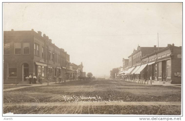 Woodbine Iowa Real Photo Postcard, 1910 Street Scene St. Paul Souvenir Co., Horse-drawn Wagon Business Store Fronts - Otros & Sin Clasificación