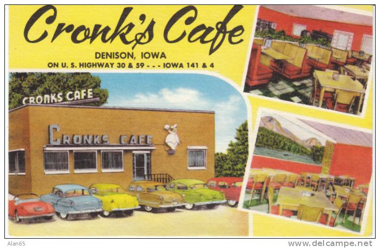 Denison Iowa, Cronk's Cafe, Vintage Linen Restaurant Postcard, Interior Views, Autos - Altri & Non Classificati