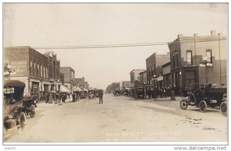 Algona Iowa Vintage Real Photo Postcard Animated Street Scene Many 1910s Autos Business Signs - Other & Unclassified