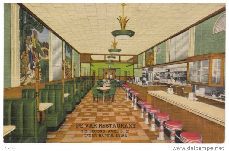 Cedar Rapids Iowa DeVar Restaurant Interior On Vintage Curteich Linen Postcard, Lunch Counter Decor - Otros & Sin Clasificación