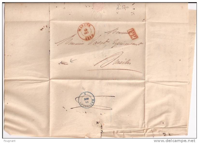 BELGIQUE:1844:Précurseur De MARCHE Pour BRUXELLES.Oblit.MARCHE Double Cercle.PP Encadré,Verso:Bruxelles(B Leu) - 1830-1849 (Belgique Indépendante)