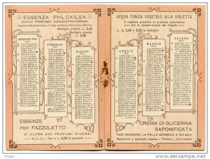 CALENDARIO FORMATO PICCOLO PROFUMERIA STEFANO FRECCERI GENOVA PUBBLICITA DISTILLERIA ANNO 1916 - Petit Format : 1901-20