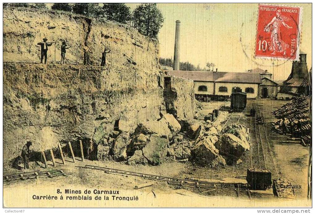 81- TARN - MINES De CARMAUX - CARRIERE à REMBLAI De La TRONQUIE - MINE - CARTE COLORISEE TOILEE VOYAGEE 1909 - Carmaux