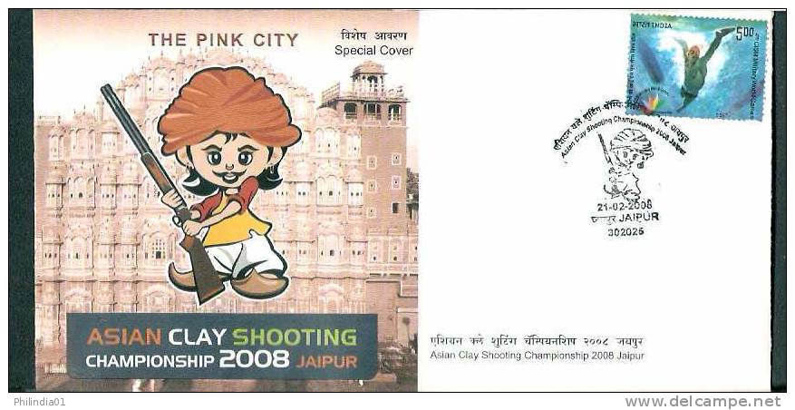 India 2008 Sport, Clay Shooting, Diving, Weapon, Gun, Jaipur Wind Palace, Architecture, Mascot Special Cover # 7263 - Tiro (armi)