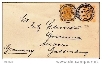 Ch-HK003/  HONG-KONG -, Q.-Victoria Stationery Envelope + Q.-Victoria Stamp, Both 5 C Values 1902 To Germany - Briefe U. Dokumente