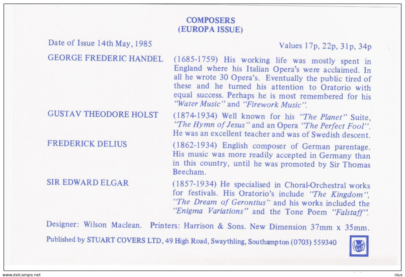 England Great Britain UK United Kingdom FDC 1985 Composer Composers Music Elgar Delius Handel Holst Musique - 1981-1990 Em. Décimales