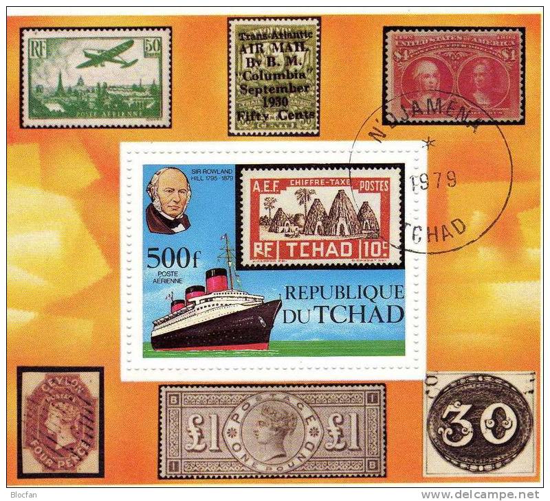 Tschad Nr. 13 Schiff 100. TT Sir Hill Marke Auf Marke Tschad 876 + Block 79 O 6€ - Rowland Hill