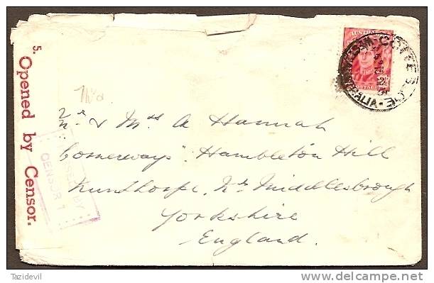 AUSTRALIA - 1943 "Opened By Censor" Cover To England. Roughly Opened - Cartas & Documentos