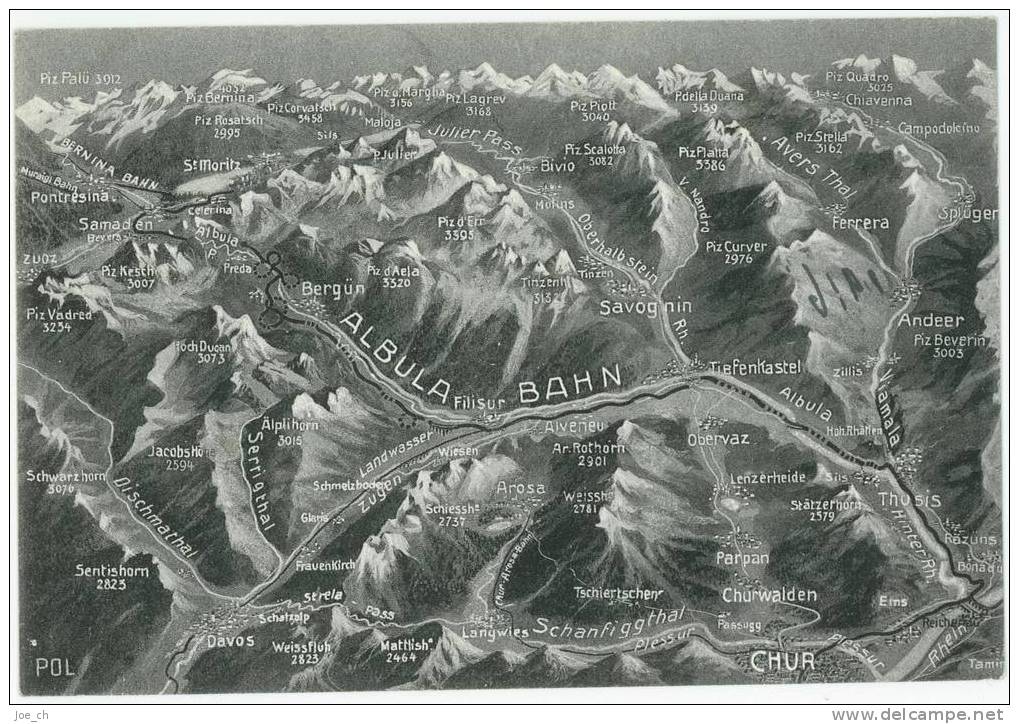 Schweiz/Suisse: AK Albula-Bahn, Streckenprofil/Vogelperspektive, Chur, Thusis, Filisur, Bergün, Samaden, 1922, 2 Scans - Bergün/Bravuogn