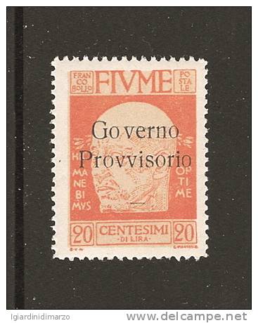FIUME-1921-valore Nuovo Stl Da 20 C. (n. 118 D'Annunzio) Soprast. GOVERNO PROVVISORIO- In Buone Condizioni- DC2129. - Fiume