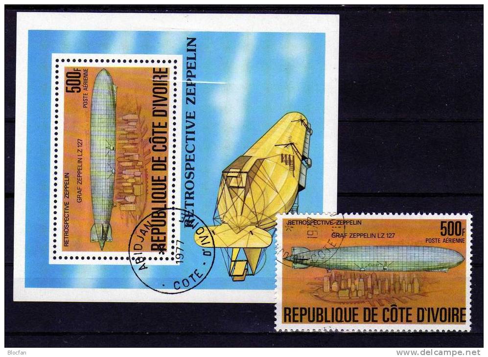 75 Jahre Luftschiffe Zeppelin Elfenbeinküste 522+Block 8 O 6€ Fahrt LZ127 Nach New York USA Ss Hoja Sheet Bf AFRICA - Zeppelins