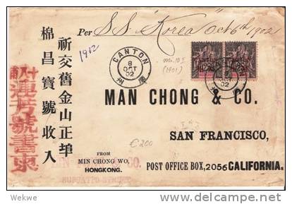 FAS001a/  CHINA - Canton 8. Oct. 1902, Allegorie überdruckt 250 (Paar) Geschäftsbrief Nach USA (cover, Lettre) - Lettres & Documents