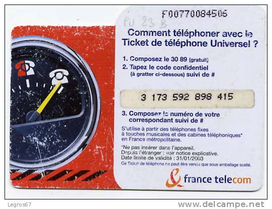 TICKET TELEPHONE PU 23 B 100 FRANCS - Biglietti FT