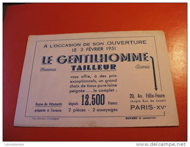 BUVARD : LE GENTILHOMME TAILLEUR-HOMME-FEMME3/02/1951 /TAILLE : 21 CM X 14 CM - Textile & Clothing