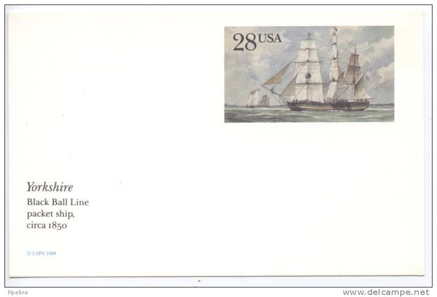 USA Postal Stationery Unused Yorkshire Black Ball Line Packet Ship Circa 1850 USPS 1988 - 1981-00