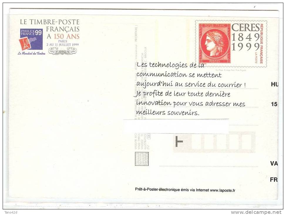 PHILEXFRANCE 1999 -  DECALAGE EXTREME DU TEXTE VERS LA DROITE / OBLITERATION HORS CARTE - Prêts-à-poster:  Autres (1995-...)