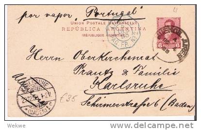 Arg152/  ARGENTINIEN - Franz. Paq. 2, Ligne J Auf P 13 1893 Nach Deutschland (Karslruhe) - Ganzsachen