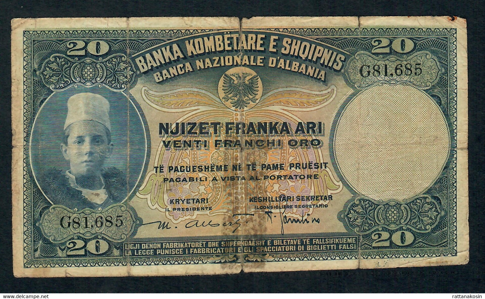 ALBANIA P3a   20   FRANKA  ARI  1926  * FINE * - Albanien