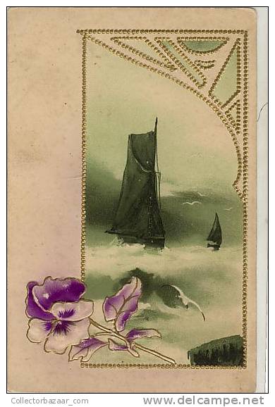 VINTAGE POSTCARD Ca1900 SWITZERLAND LITHO FLOWERS VIOLET SHIP SAIL BOAT - Otros & Sin Clasificación