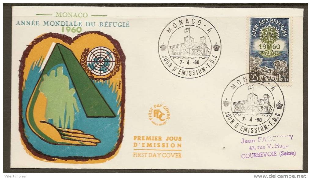 Monaco FDC Yvert  523 Année Mondiale Du Réfugié  7.4.60 - Réfugiés